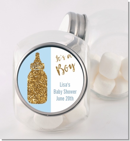 Gold Glitter Blue Baby Bottle - Personalized Baby Shower Candy Jar