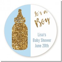 Gold Glitter Blue Baby Bottle - Round Personalized Baby Shower Sticker Labels