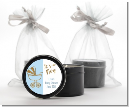 Gold Glitter Blue Carriage - Baby Shower Black Candle Tin Favors