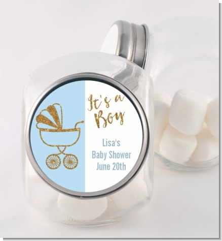 Gold Glitter Blue Carriage - Personalized Baby Shower Candy Jar