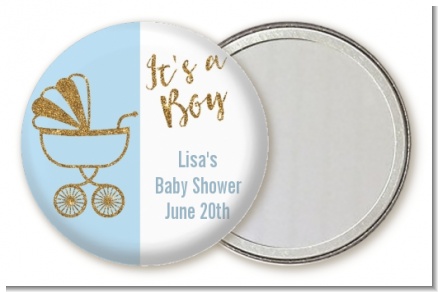Gold Glitter Blue Carriage - Personalized Baby Shower Pocket Mirror Favors