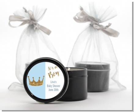 Gold Glitter Blue Crown - Baby Shower Black Candle Tin Favors