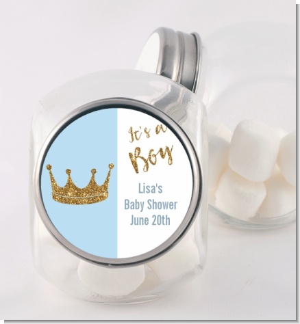 Gold Glitter Blue Crown - Personalized Baby Shower Candy Jar