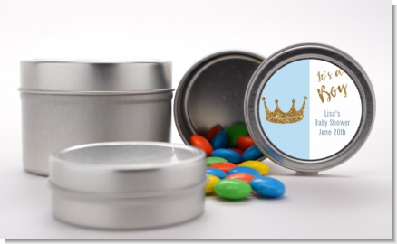 Gold Glitter Blue Crown - Custom Baby Shower Favor Tins