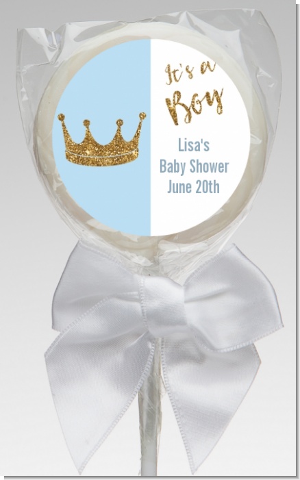 Gold Glitter Blue Crown - Personalized Baby Shower Lollipop Favors