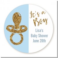 Gold Glitter Blue Pacifier - Round Personalized Baby Shower Sticker Labels