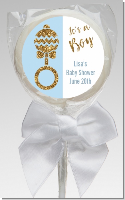 Gold Glitter Blue Rattle - Personalized Baby Shower Lollipop Favors