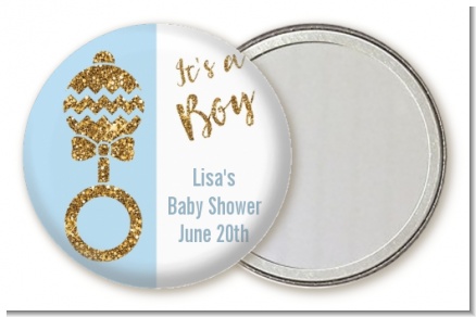 Gold Glitter Blue Rattle - Personalized Baby Shower Pocket Mirror Favors