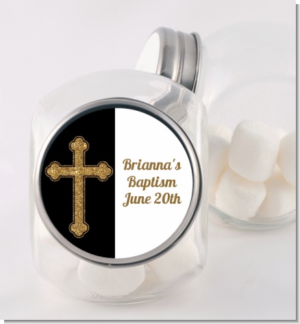 Gold Glitter Cross Black - Personalized Baptism / Christening Candy Jar