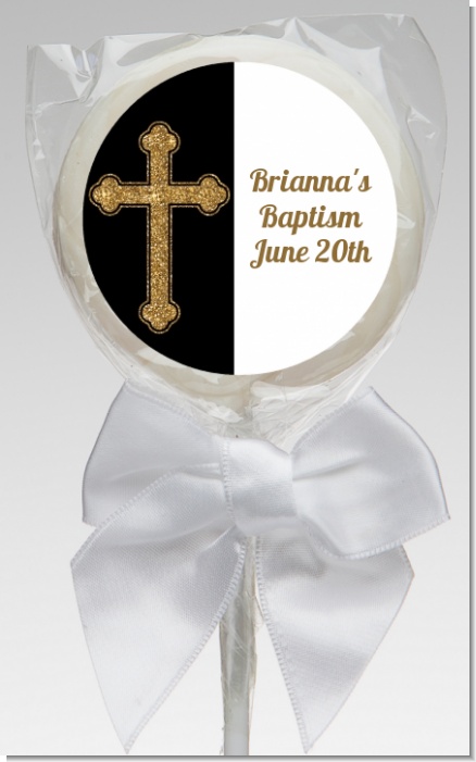 Gold Glitter Cross Black - Personalized Baptism / Christening Lollipop Favors