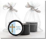 Gold Glitter Cross Blue - Baptism / Christening Black Candle Tin Favors