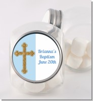 Gold Glitter Cross Blue - Personalized Baptism / Christening Candy Jar