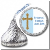Gold Glitter Cross Blue - Hershey Kiss Baptism / Christening Sticker Labels