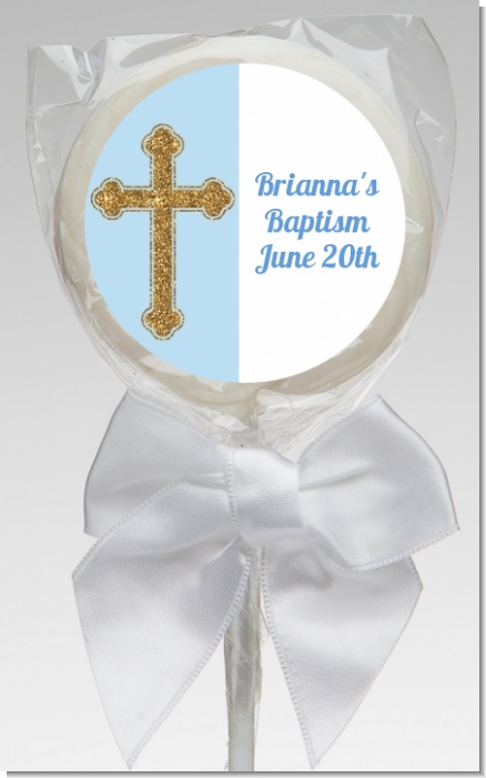 Gold Glitter Cross Blue - Personalized Baptism / Christening Lollipop Favors