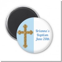 Gold Glitter Cross Blue - Personalized Baptism / Christening Magnet Favors
