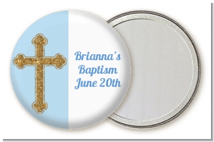 Gold Glitter Cross Blue - Personalized Baptism / Christening Pocket Mirror Favors