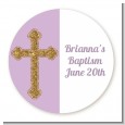Gold Glitter Cross Lavendar - Round Personalized Baptism / Christening Sticker Labels thumbnail