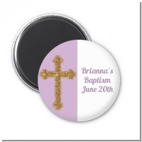 Gold Glitter Cross Lavendar - Personalized Baptism / Christening Magnet Favors