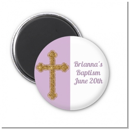 Gold Glitter Cross Lavendar - Personalized Baptism / Christening Magnet Favors