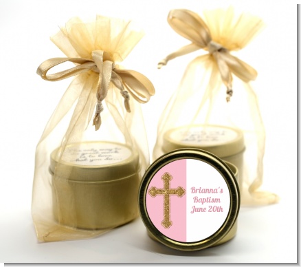 Gold Glitter Cross Pink - Baptism / Christening Gold Tin Candle Favors