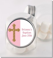Gold Glitter Cross Pink - Personalized Baptism / Christening Candy Jar