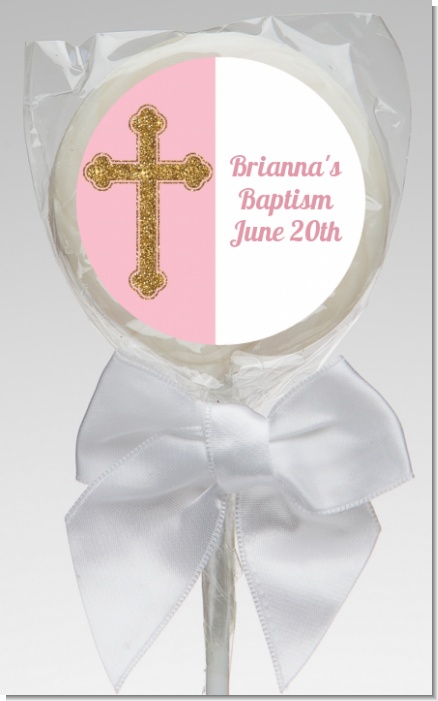 Gold Glitter Cross Pink - Personalized Baptism / Christening Lollipop Favors