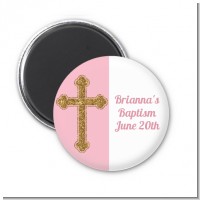 Gold Glitter Cross Pink - Personalized Baptism / Christening Magnet Favors
