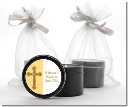 Gold Glitter Cross Yellow - Baptism / Christening Black Candle Tin Favors