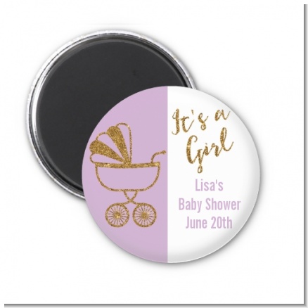 Gold Glitter Lavender Carriage - Personalized Baby Shower Magnet Favors