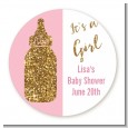 Gold Glitter Pink Baby Bottle - Round Personalized Baby Shower Sticker Labels thumbnail