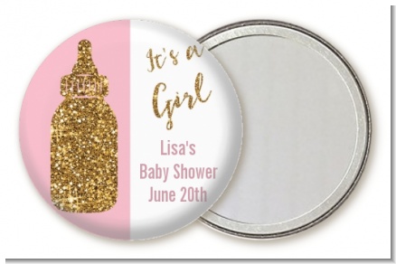 Gold Glitter Pink Baby Bottle - Personalized Baby Shower Pocket Mirror Favors