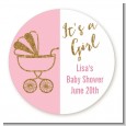 Gold Glitter Pink Carriage - Round Personalized Baby Shower Sticker Labels thumbnail