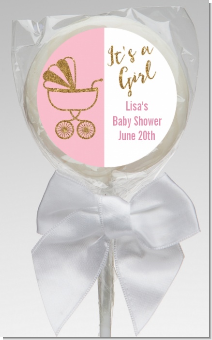 Gold Glitter Pink Carriage - Personalized Baby Shower Lollipop Favors