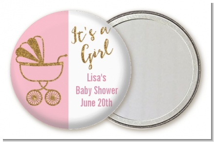 Gold Glitter Pink Carriage - Personalized Baby Shower Pocket Mirror Favors