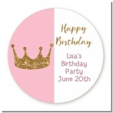Gold Glitter Pink Crown - Round Personalized Birthday Party Sticker Labels