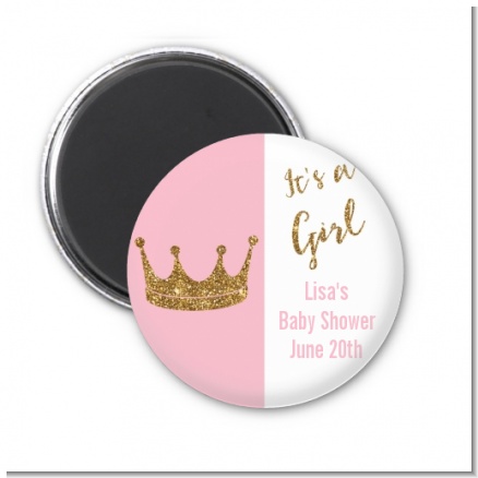 Gold Glitter Pink Crown - Personalized Baby Shower Magnet Favors