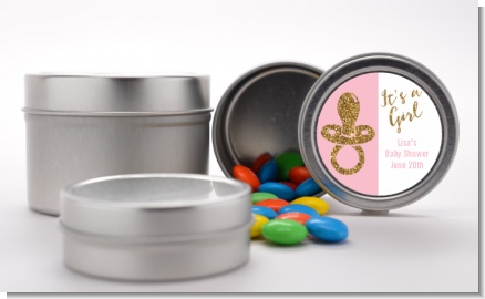 Gold Glitter Pink Pacifier - Custom Baby Shower Favor Tins