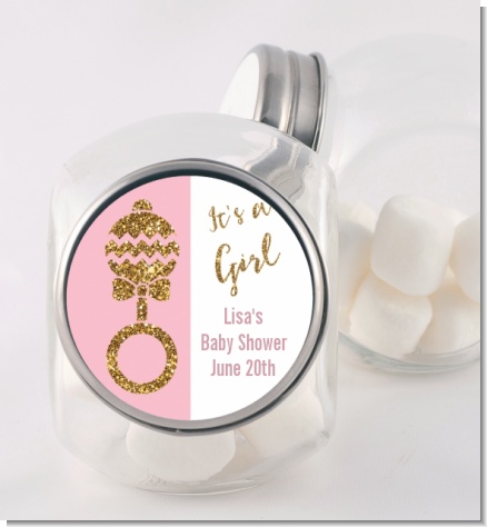 Gold Glitter Pink Rattle - Personalized Baby Shower Candy Jar