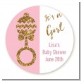 Gold Glitter Pink Rattle - Round Personalized Baby Shower Sticker Labels thumbnail