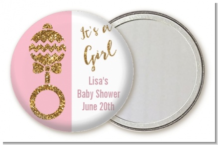 Gold Glitter Pink Rattle - Personalized Baby Shower Pocket Mirror Favors