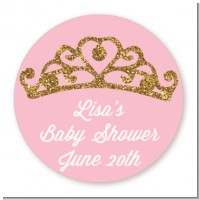 Gold Glitter Pink Tiara - Round Personalized Baby Shower Sticker Labels