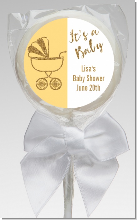 Gold Glitter Yellow Carriage - Personalized Baby Shower Lollipop Favors