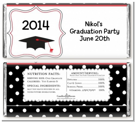 Graduation Cap Black & Red - Personalized Graduation Party Candy Bar Wrappers