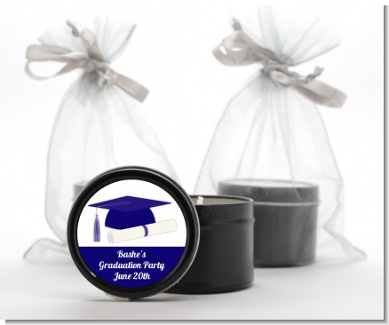 Graduation Cap Blue - Graduation Party Black Candle Tin Favors