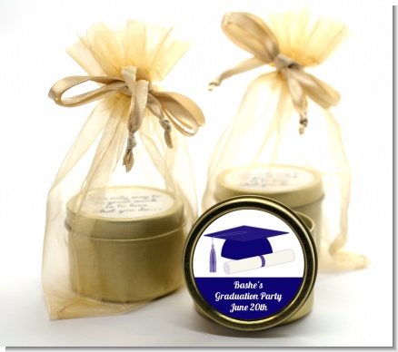 Graduation Cap Blue - Graduation Party Gold Tin Candle Favors