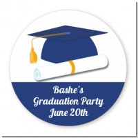 Graduation Cap Blue - Round Personalized Graduation Party Sticker Labels