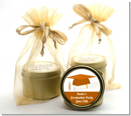 Graduation Cap Orange - Graduation Party Gold Tin Candle Favors