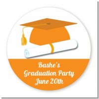 Graduation Cap Orange - Round Personalized Graduation Party Sticker Labels