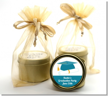 Graduation Cap Teal - Graduation Party Gold Tin Candle Favors