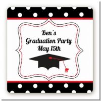 Graduation Cap Black & Red - Square Personalized Graduation Party Sticker Labels